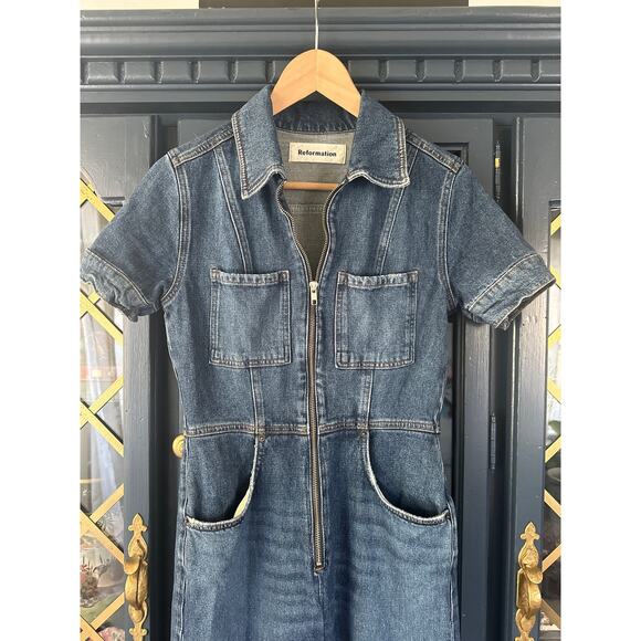 Reformation Dark Denim jumpsuit wide leg patch pockets short sleeve size 2 - Picture 6 of 9